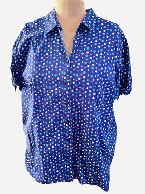 Liz & Me Women's Blue Dots Button Up Top Size 3-4X Lightweight Adjustable Sleeve